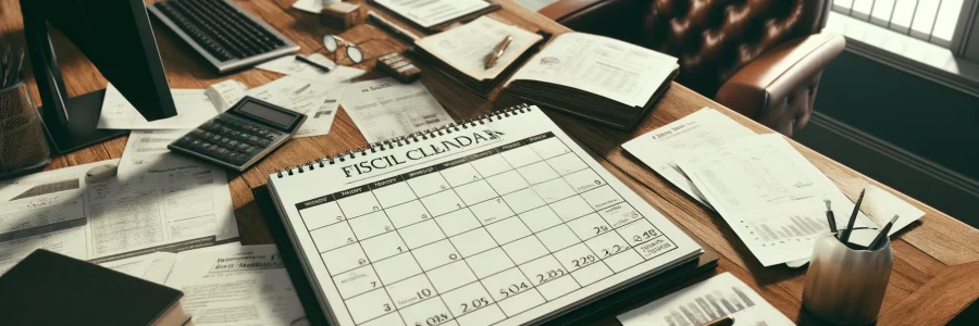 DALL·E 2024-04-14 12.00.02 - A detailed office scene featuring a fiscal calendar lying open on a wide wooden desk. Next to the calendar, there are scattered papers, some with fina