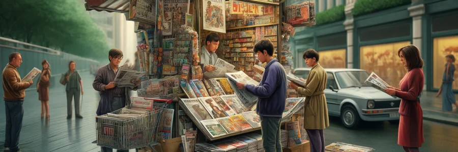 DALL·E 2024-04-15 01.01.42 - A bustling street scene featuring a newsstand filled with a variety of newspapers prominently displayed. A street vendor stands behind the stand, arra